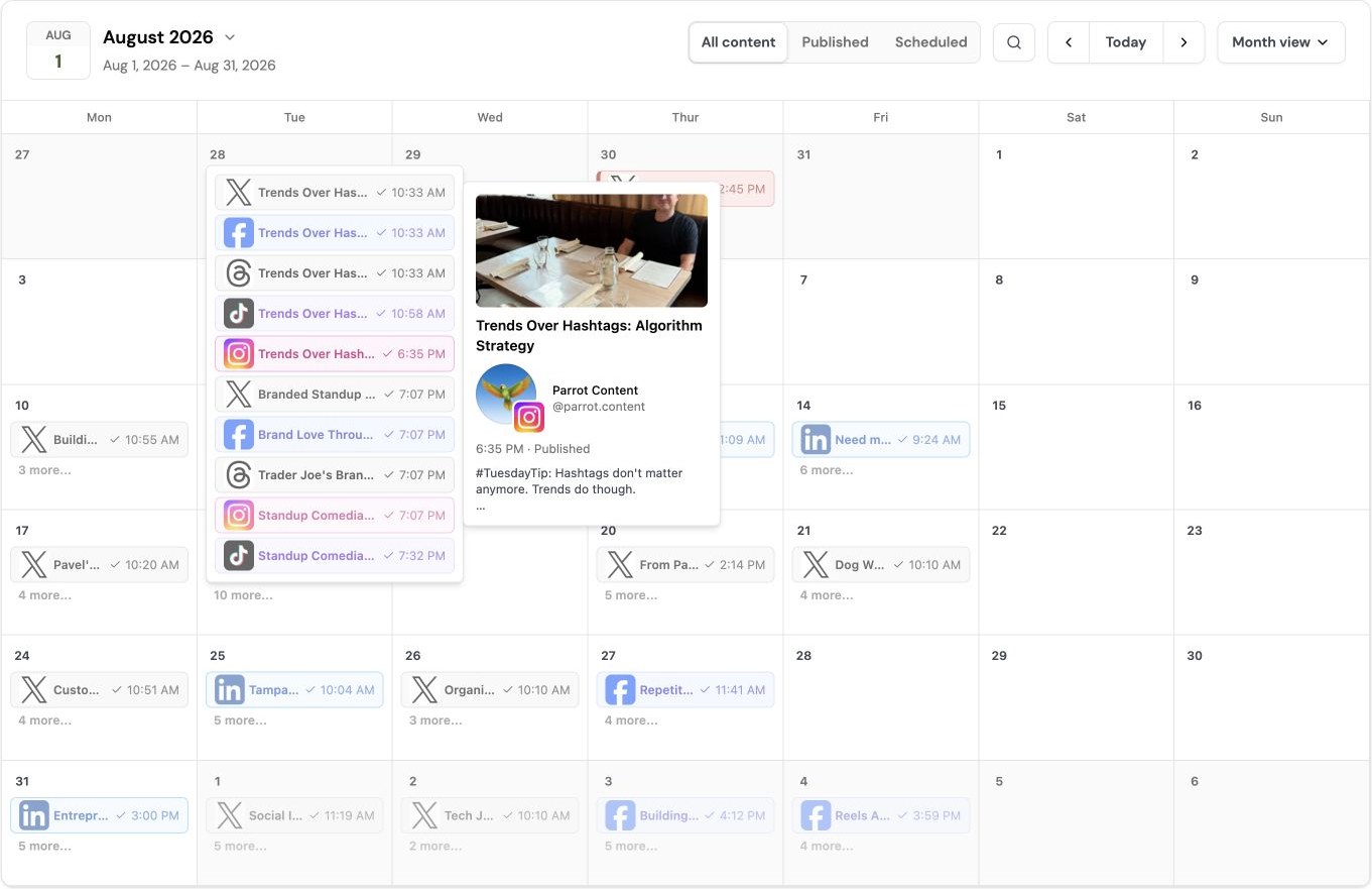 Parrot Content’s real August 2026 Month view with posts across the calendar, an expanded stack of ten additional posts, and an Instagram post hover preview open