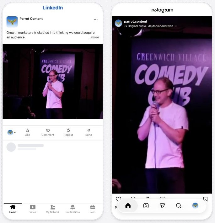 Actual LinkedIn and Instagram draft previews in Parrot Content, with the Instagram video cropped to fill its portrait frame