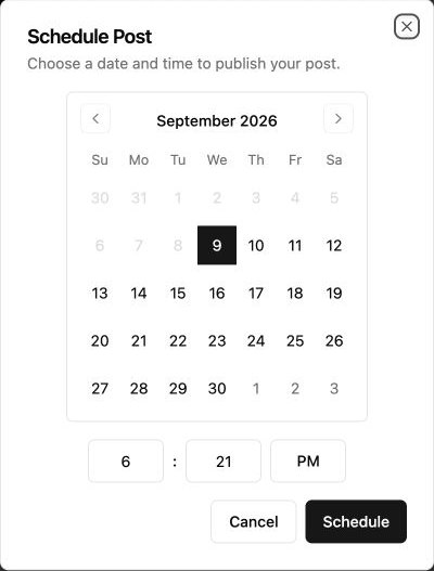 Actual Schedule Post dialog opened from the Parrot Content Instagram draft, showing date and time controls