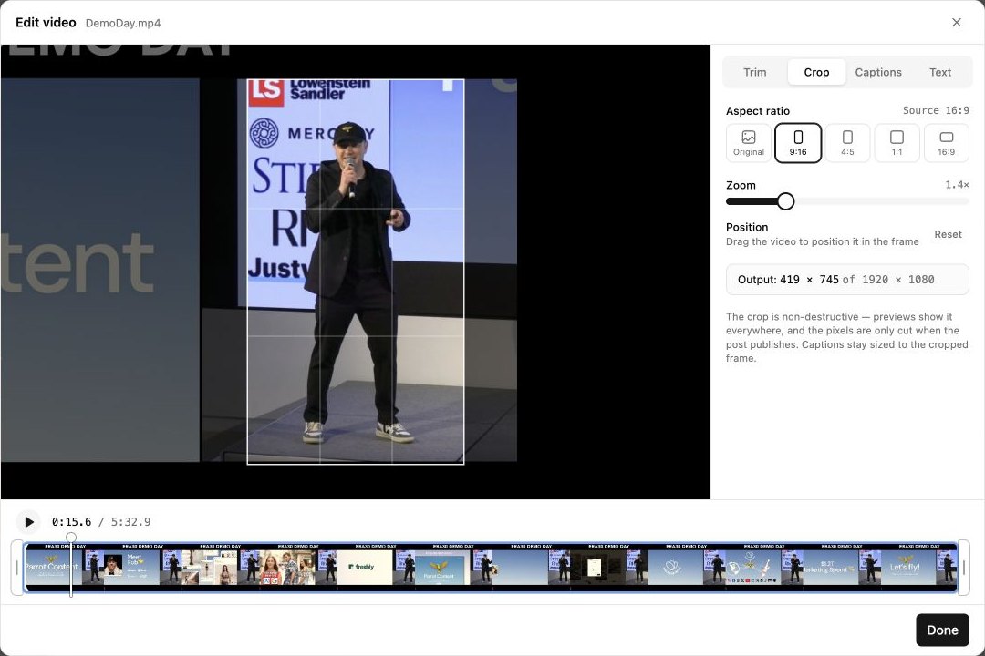 Actual Parrot Content video editor showing a 16:9 source reframed to 9:16, with the presenter centered inside the crop